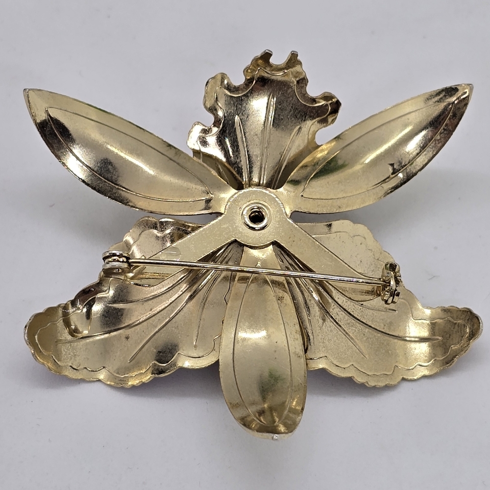 Flower Orchid White Purple Enamel Pearl Vintage Gold Brooch Pin - Picture 4 of 4